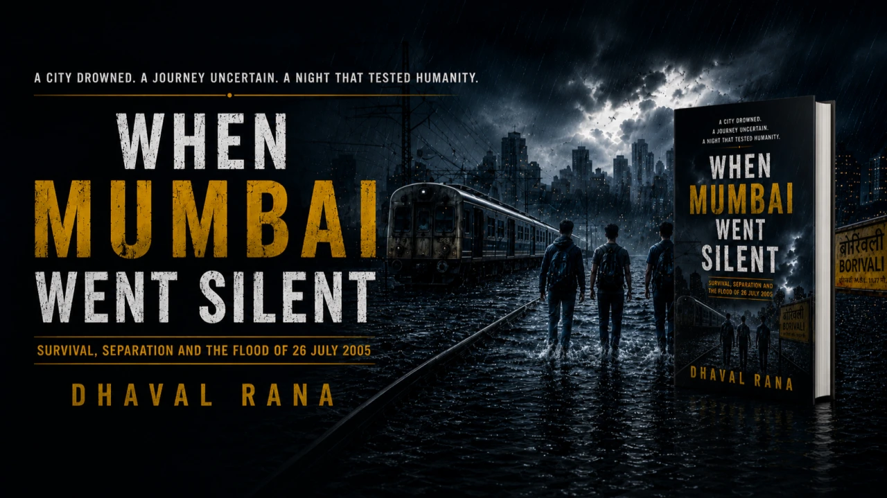 Official novel artwork with the book cover, a flooded Mumbai railway and travellers in the rain